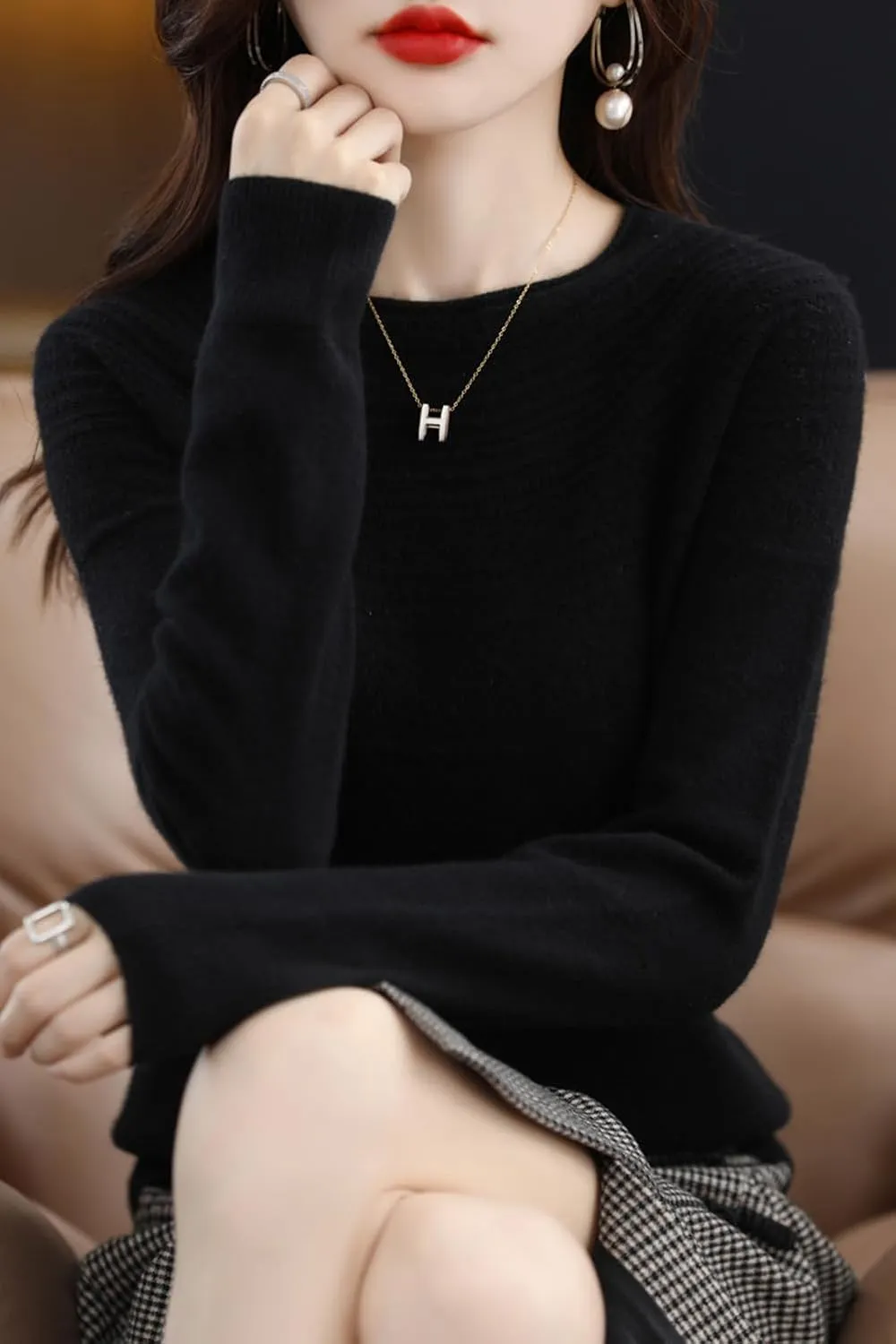 100% Merino Wool Sweaters Women's Fall Winter Warm Soft Knitted Loose Pullover Crew Neck Long Sleeves