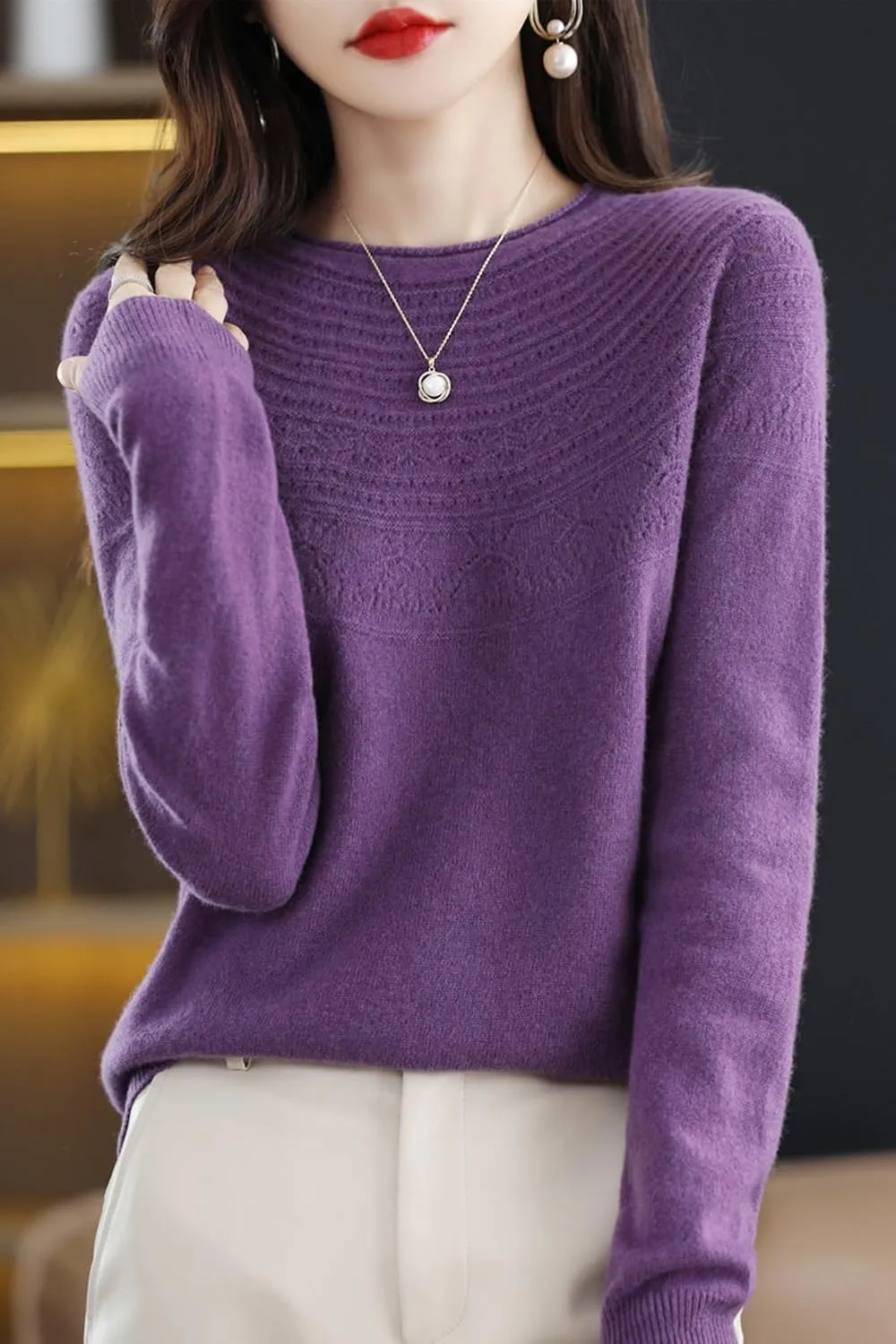 100% Merino Wool Sweaters Women's Fall Winter Warm Soft Knitted Loose Pullover Crew Neck Long Sleeves