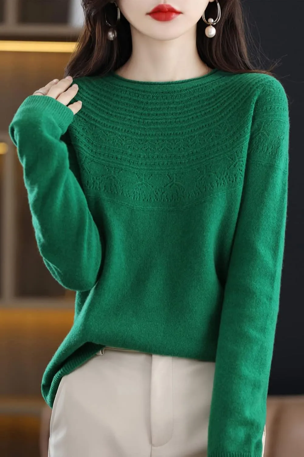 100% Merino Wool Sweaters Women's Fall Winter Warm Soft Knitted Loose Pullover Crew Neck Long Sleeves