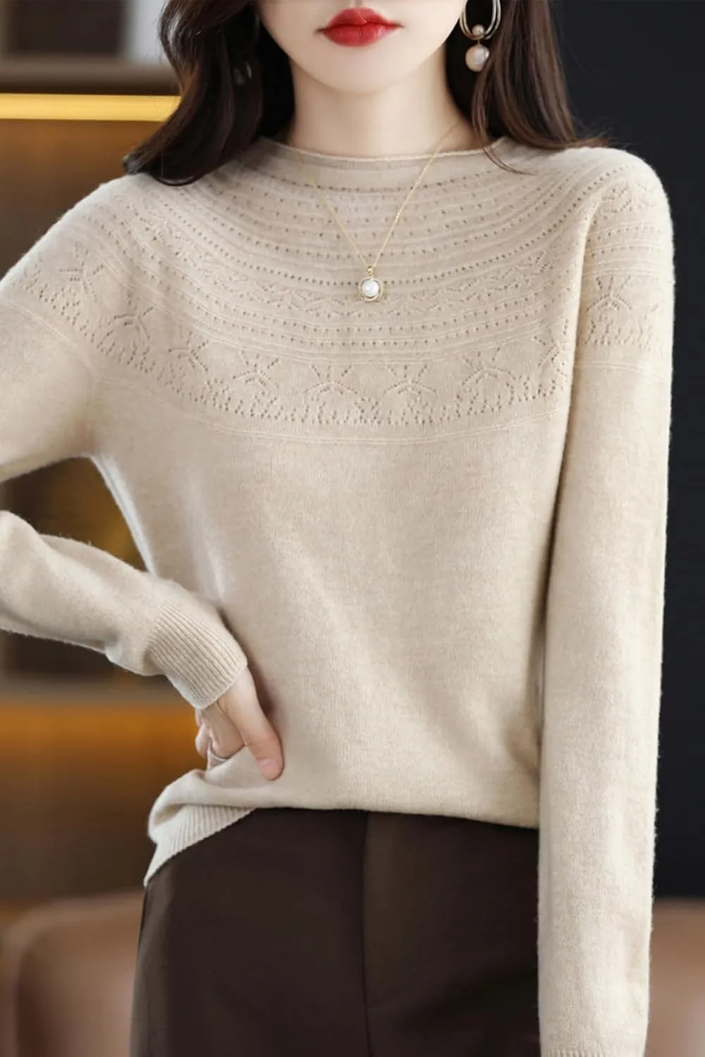 100% Merino Wool Sweaters Women's Fall Winter Warm Soft Knitted Loose Pullover Crew Neck Long Sleeves