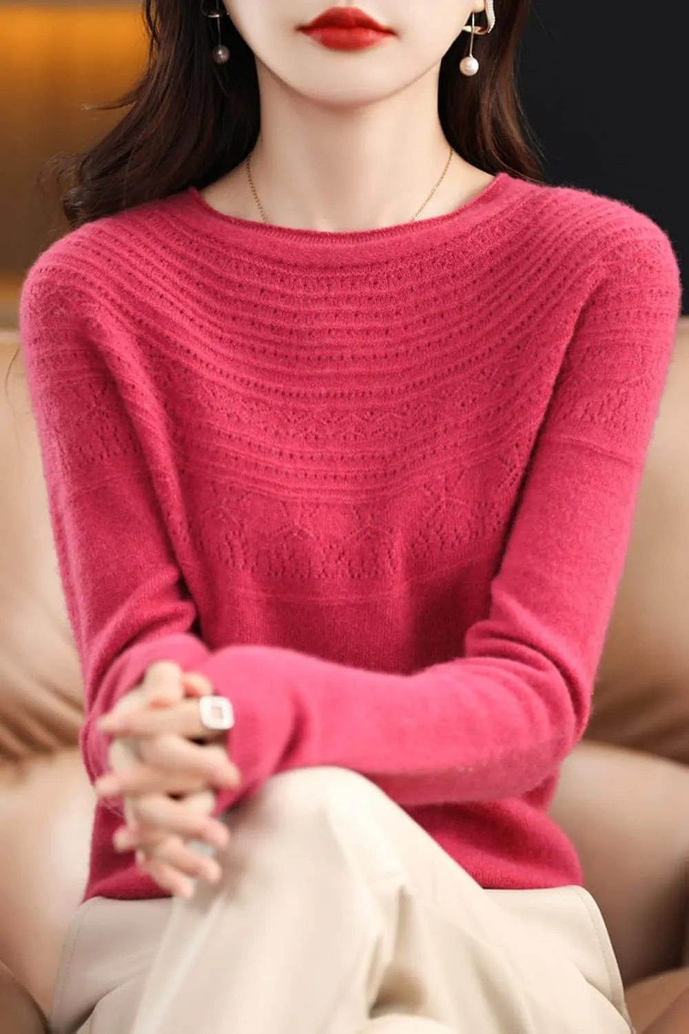 100% Merino Wool Sweaters Women's Fall Winter Warm Soft Knitted Loose Pullover Crew Neck Long Sleeves