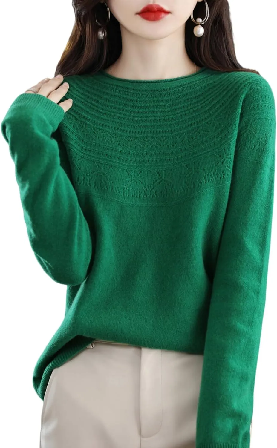 100% Merino Wool Sweaters Women's Fall Winter Warm Soft Knitted Loose Pullover Crew Neck Long Sleeves