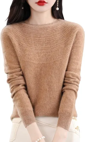 100% Merino Wool Sweaters Women's Fall Winter Warm Soft Knitted Loose Pullover Crew Neck Long Sleeves