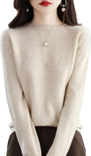 100% Merino Wool Sweaters Women's Fall Winter Warm Soft Knitted Loose Pullover Crew Neck Long Sleeves