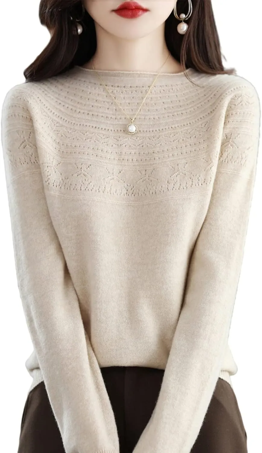 100% Merino Wool Sweaters Women's Fall Winter Warm Soft Knitted Loose Pullover Crew Neck Long Sleeves