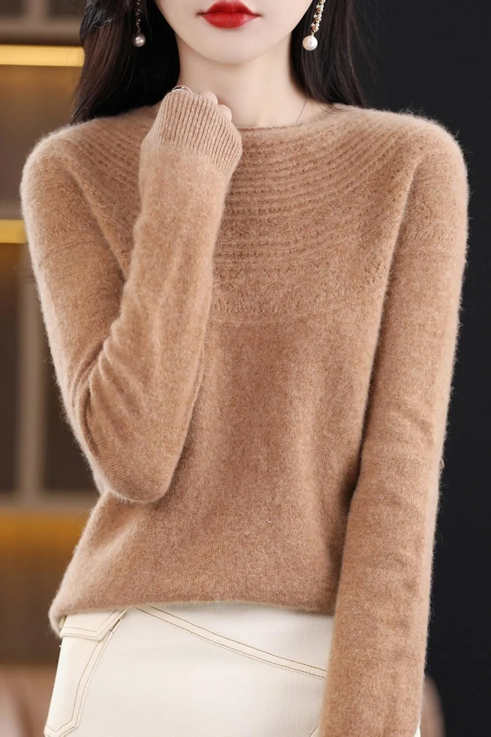 100% Merino Wool Sweaters Women's Fall Winter Warm Soft Knitted Loose Pullover Crew Neck Long Sleeves