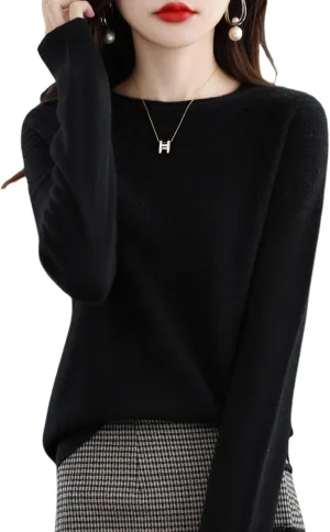 100% Merino Wool Sweaters Women's Fall Winter Warm Soft Knitted Loose Pullover Crew Neck Long Sleeves