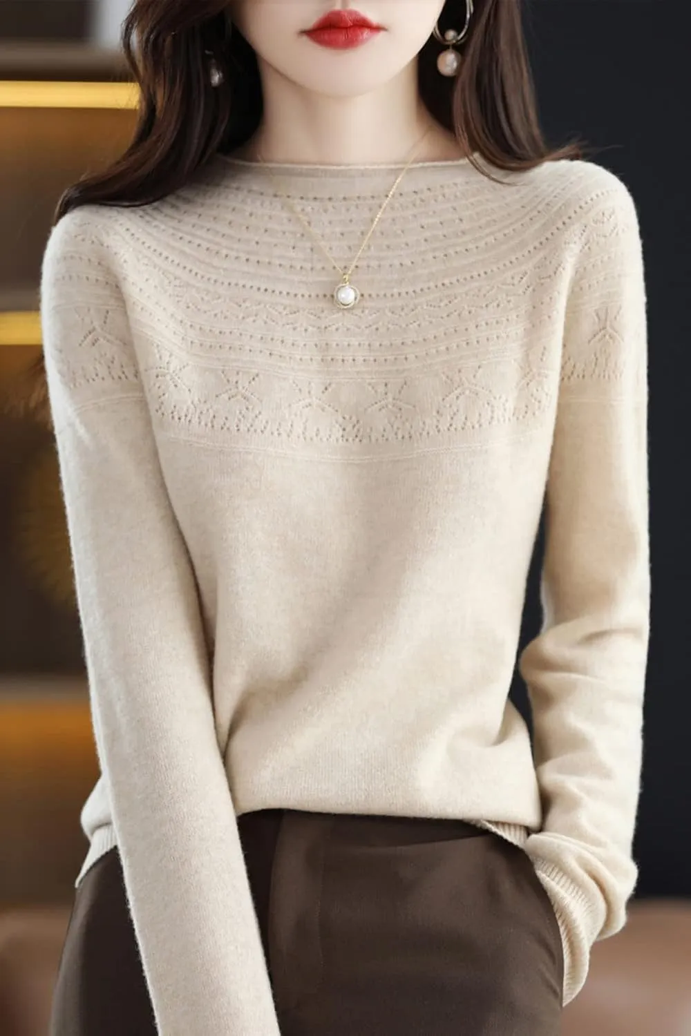 100% Merino Wool Sweaters Women's Fall Winter Warm Soft Knitted Loose Pullover Crew Neck Long Sleeves