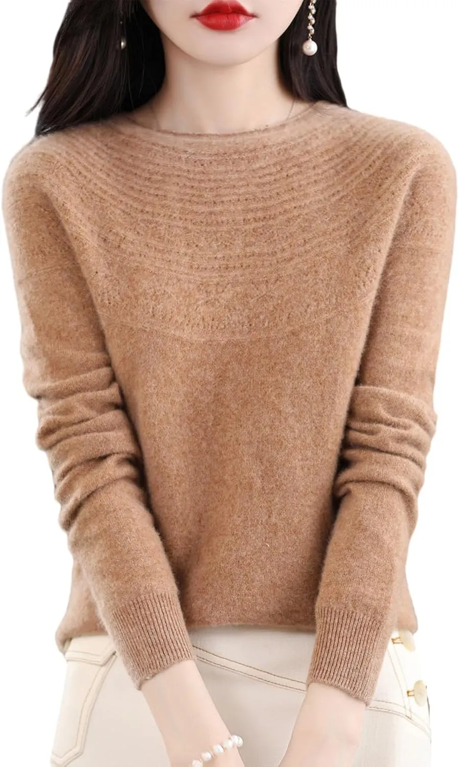 100% Merino Wool Sweaters Women's Fall Winter Warm Soft Knitted Loose Pullover Crew Neck Long Sleeves