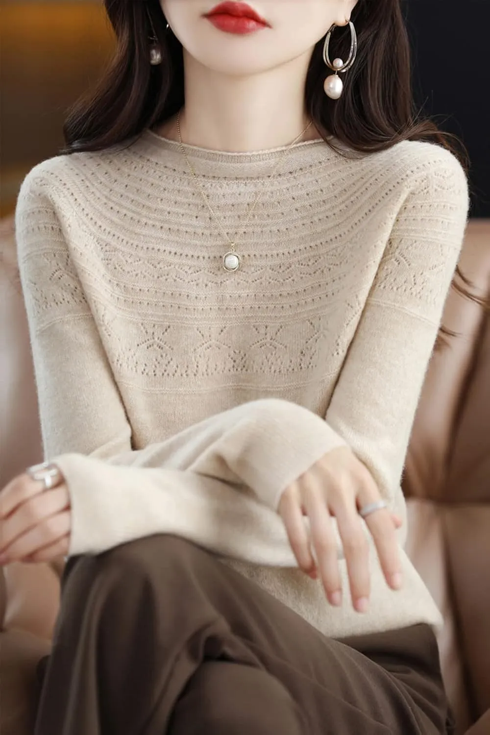 100% Merino Wool Sweaters Women's Fall Winter Warm Soft Knitted Loose Pullover Crew Neck Long Sleeves