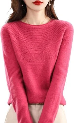 100% Merino Wool Sweaters Women's Fall Winter Warm Soft Knitted Loose Pullover Crew Neck Long Sleeves