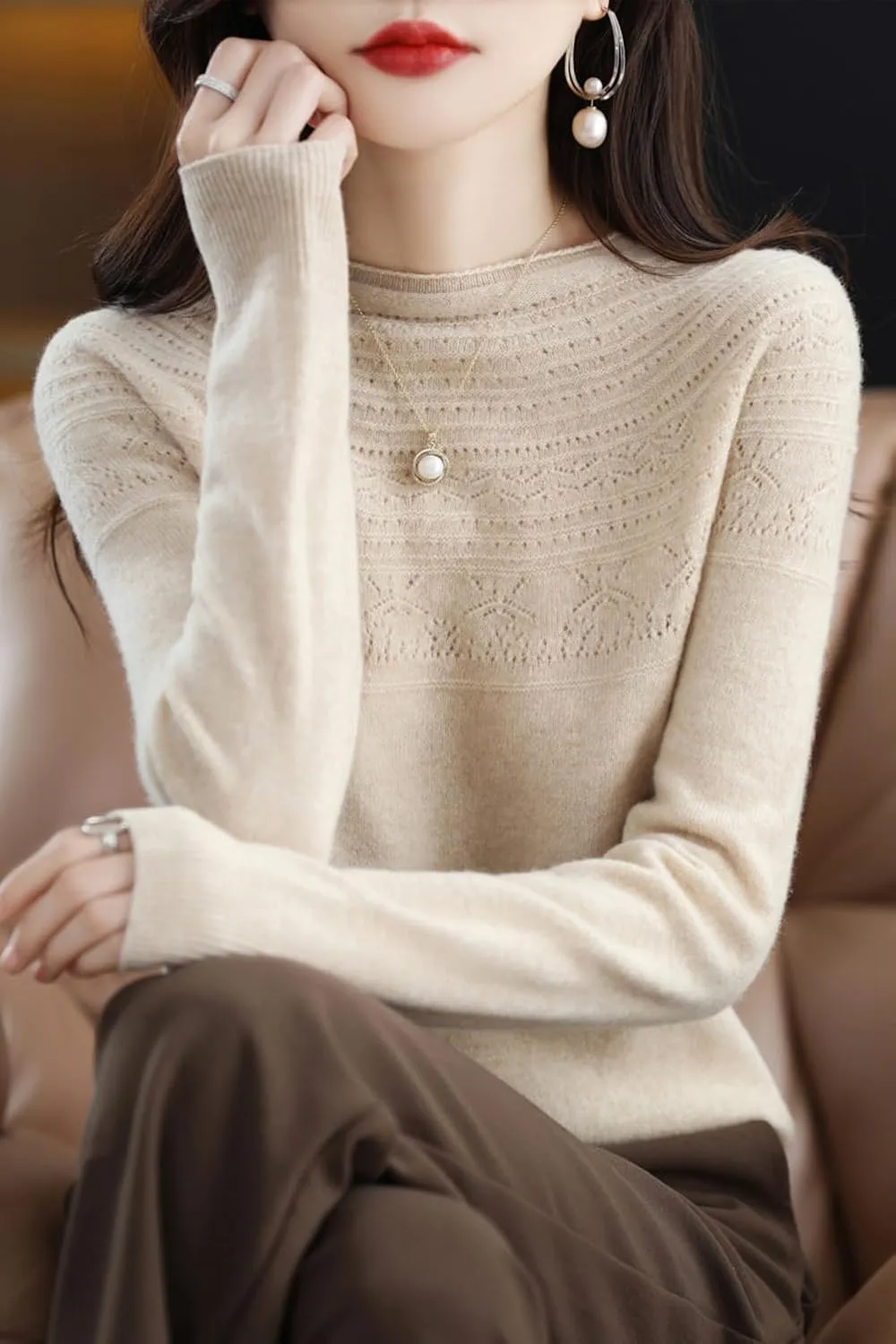 100% Merino Wool Sweaters Women's Fall Winter Warm Soft Knitted Loose Pullover Crew Neck Long Sleeves