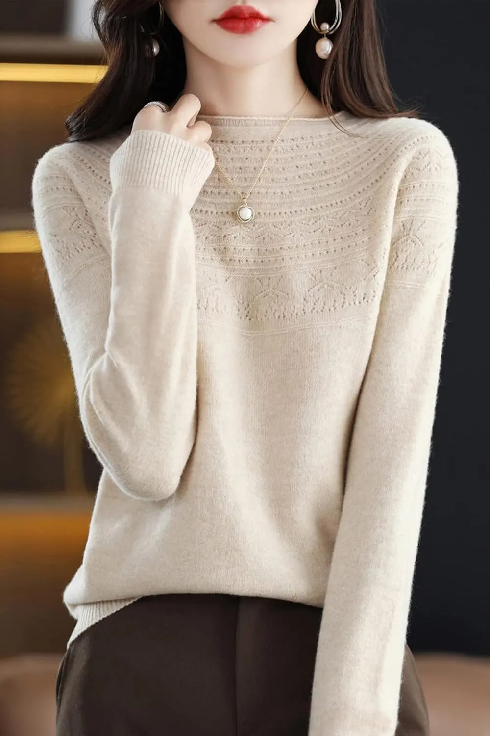 100% Merino Wool Sweaters Women's Fall Winter Warm Soft Knitted Loose Pullover Crew Neck Long Sleeves