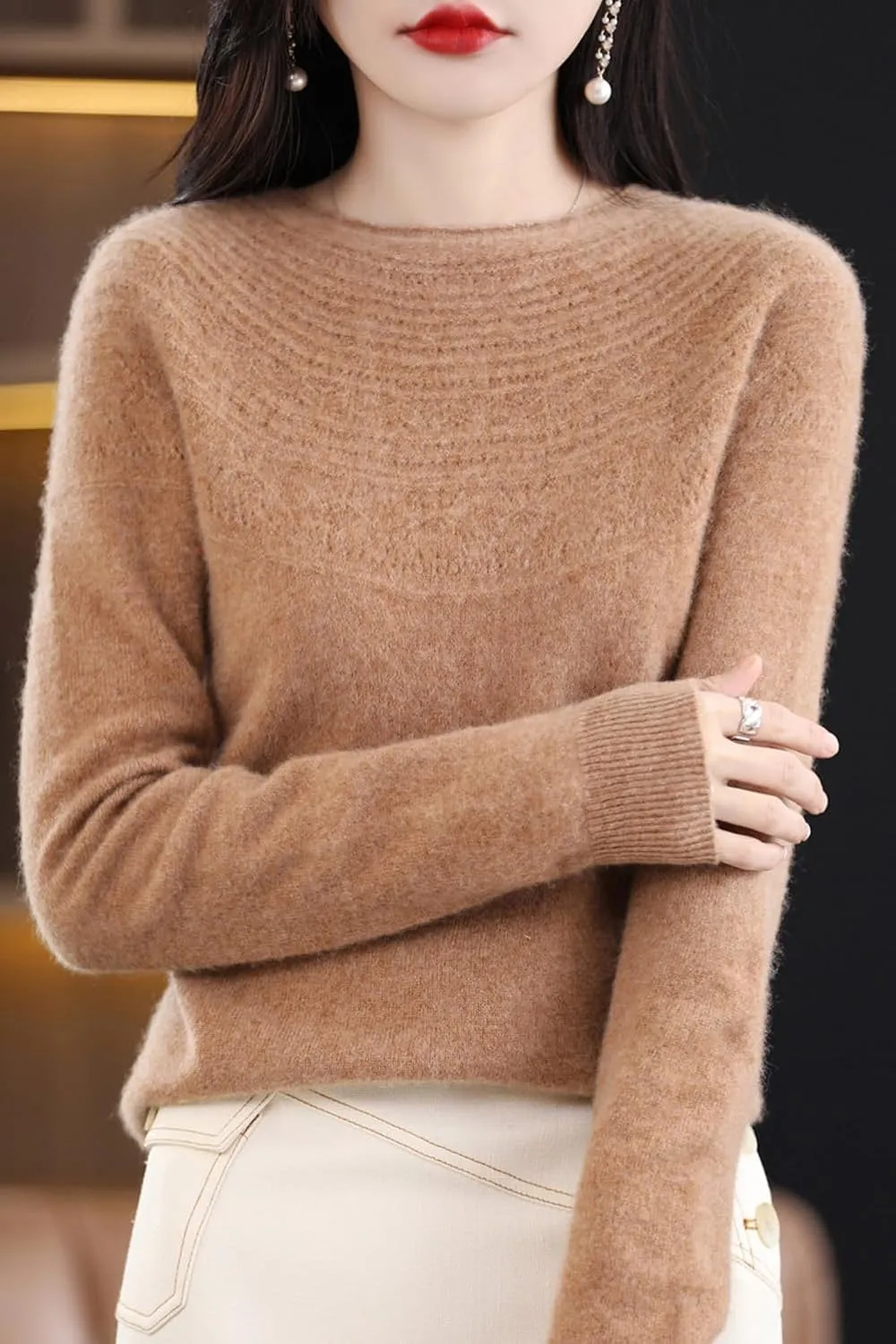 100% Merino Wool Sweaters Women's Fall Winter Warm Soft Knitted Loose Pullover Crew Neck Long Sleeves