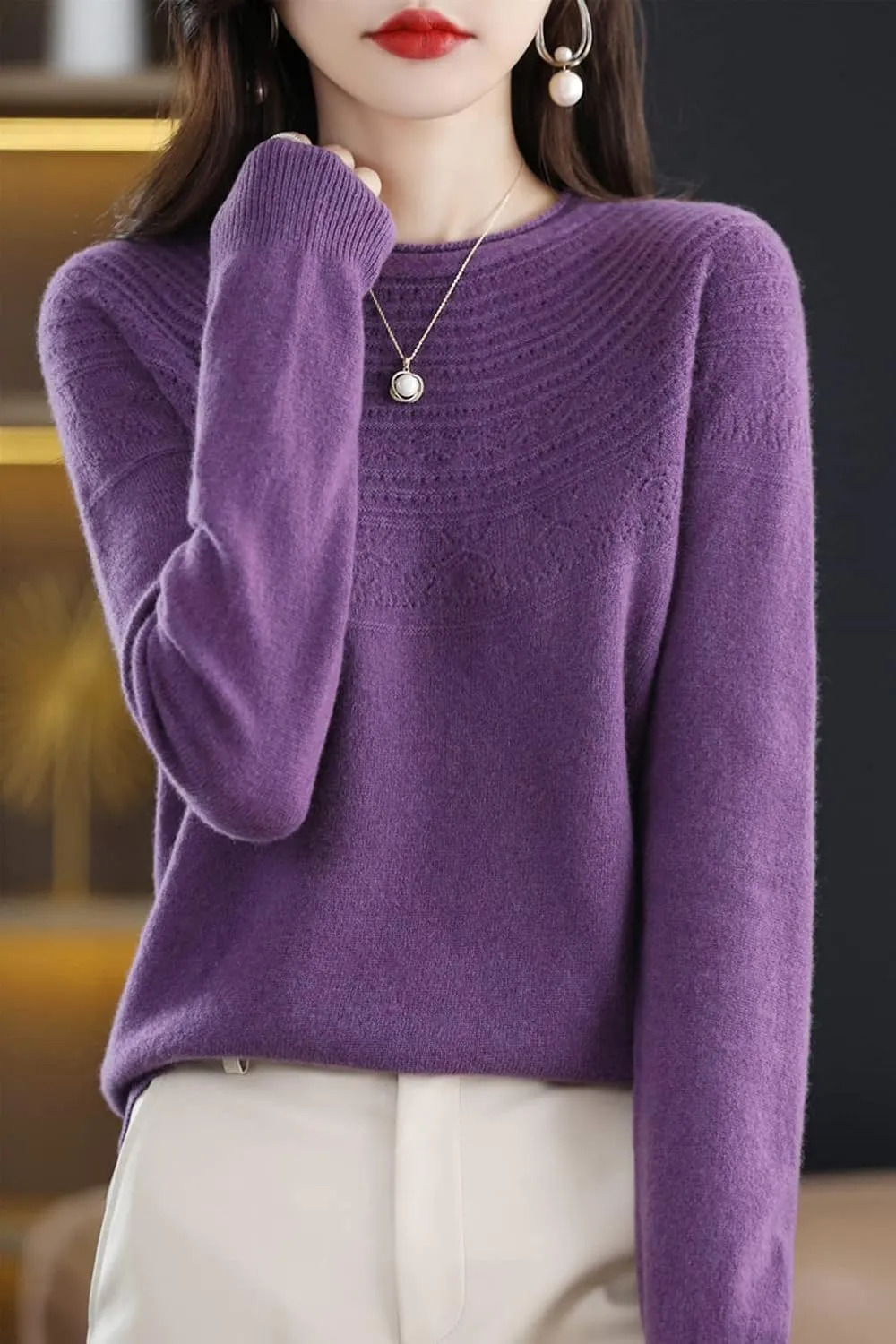 100% Merino Wool Sweaters Women's Fall Winter Warm Soft Knitted Loose Pullover Crew Neck Long Sleeves