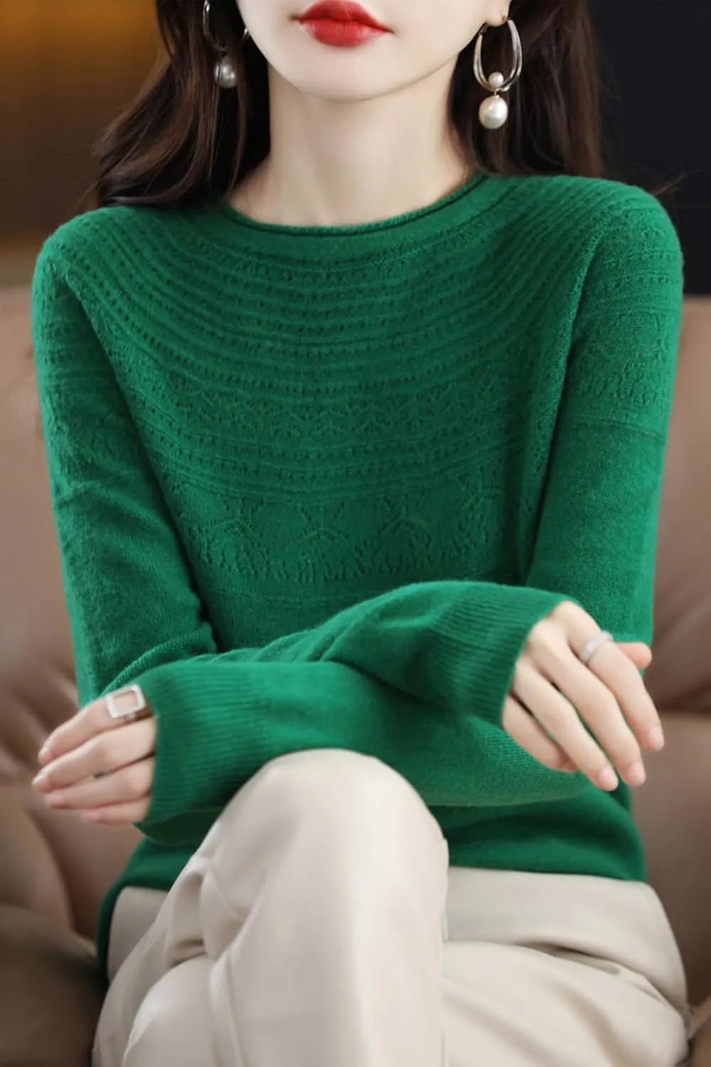100% Merino Wool Sweaters Women's Fall Winter Warm Soft Knitted Loose Pullover Crew Neck Long Sleeves