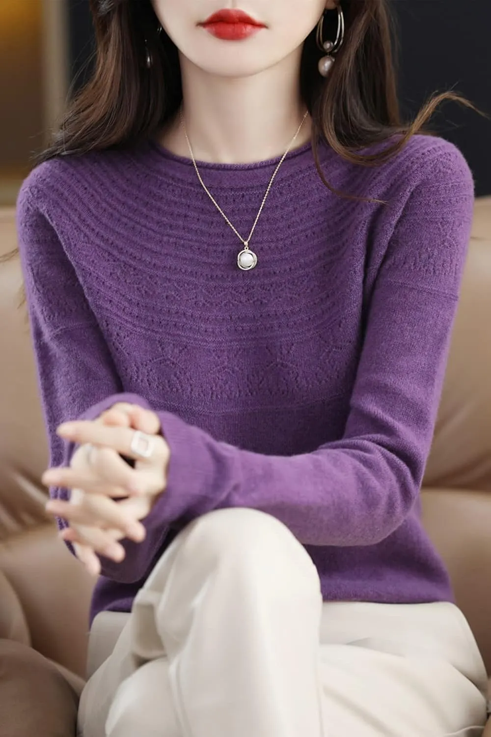 100% Merino Wool Sweaters Women's Fall Winter Warm Soft Knitted Loose Pullover Crew Neck Long Sleeves
