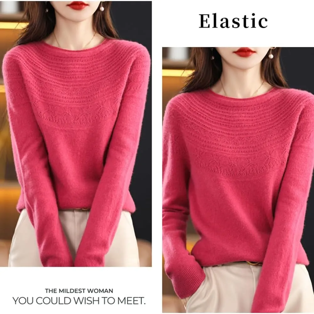 100% Merino Wool Sweaters Women's Fall Winter Warm Soft Knitted Loose Pullover Crew Neck Long Sleeves