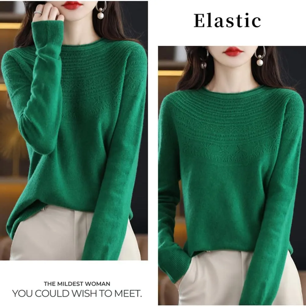 100% Merino Wool Sweaters Women's Fall Winter Warm Soft Knitted Loose Pullover Crew Neck Long Sleeves