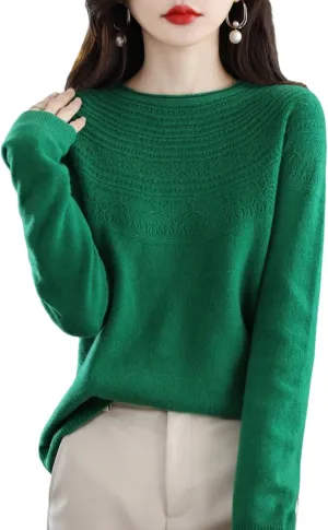 100% Merino Wool Sweaters Women's Fall Winter Warm Soft Knitted Loose Pullover Crew Neck Long Sleeves