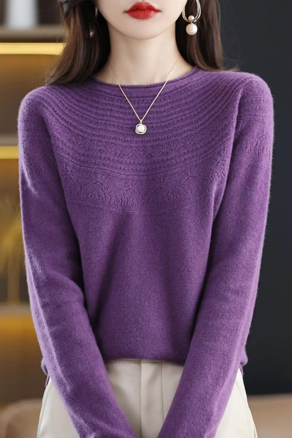 100% Merino Wool Sweaters Women's Fall Winter Warm Soft Knitted Loose Pullover Crew Neck Long Sleeves