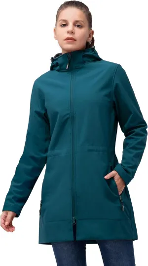 33,000ft Women's Waterproof Softshell Long Rain Jacket with Hood Fleece Lined Windproof Windbreaker