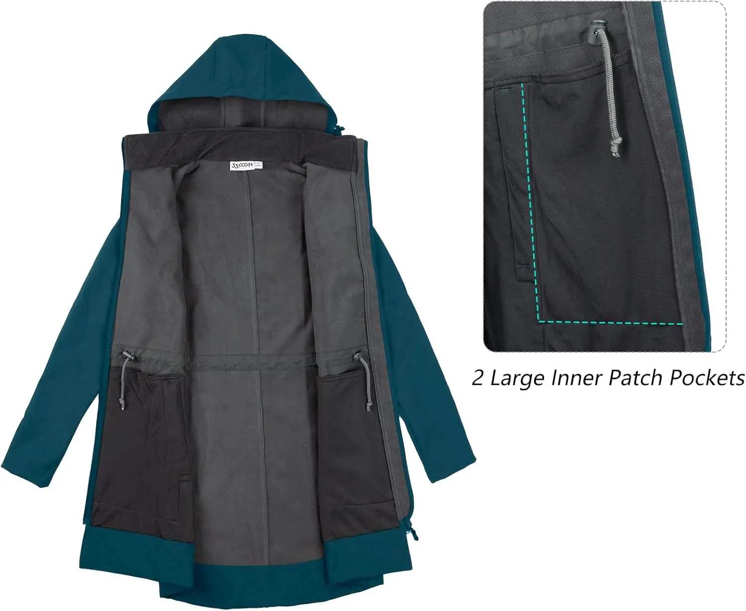33,000ft Women's Waterproof Softshell Long Rain Jacket with Hood Fleece Lined Windproof Windbreaker