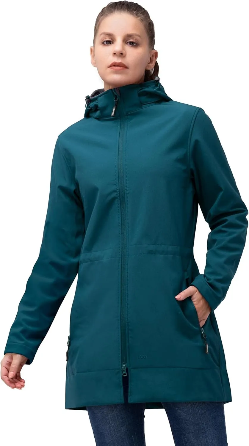 33,000ft Women's Waterproof Softshell Long Rain Jacket with Hood Fleece Lined Windproof Windbreaker