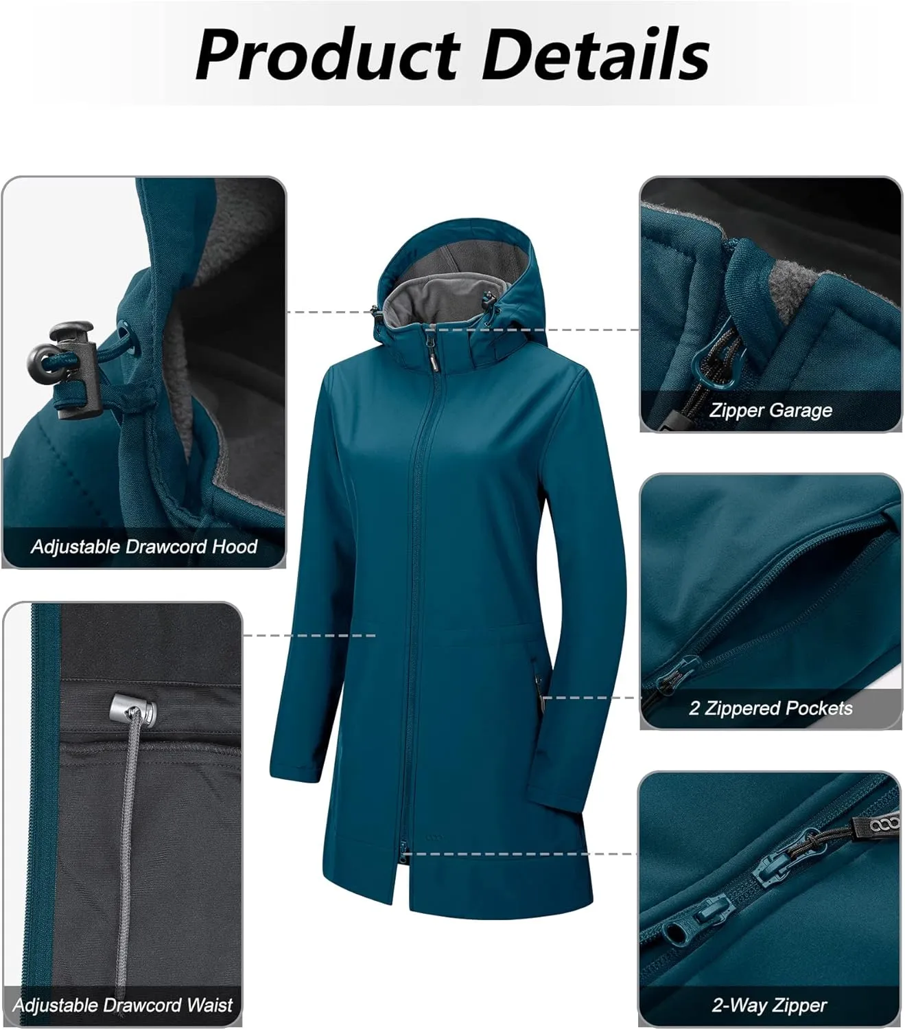 33,000ft Women's Waterproof Softshell Long Rain Jacket with Hood Fleece Lined Windproof Windbreaker