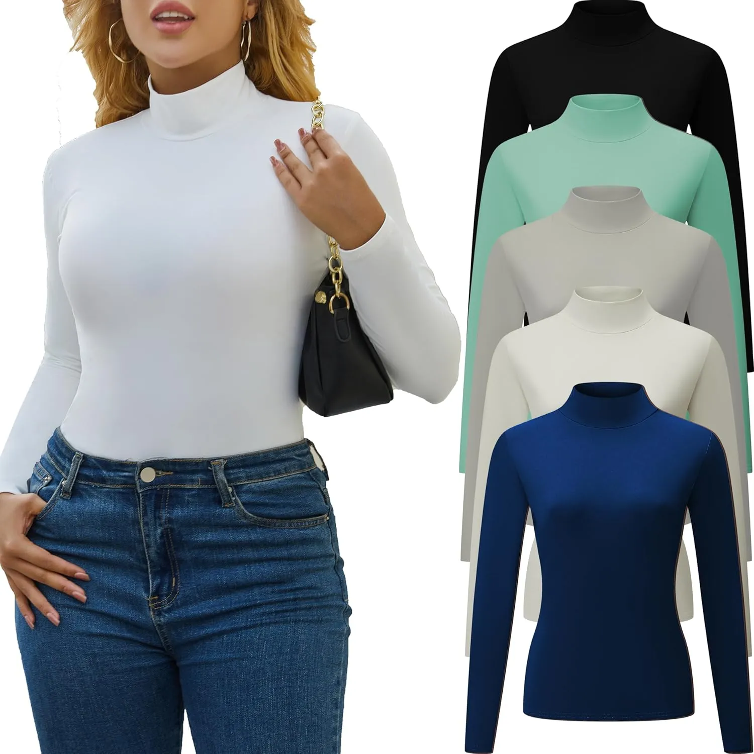 5 Piece Women's T-Shirts Turtleneck Long Sleeve Tops High Neck Fitted Layering Warm Base Fall Winter Basic Tees