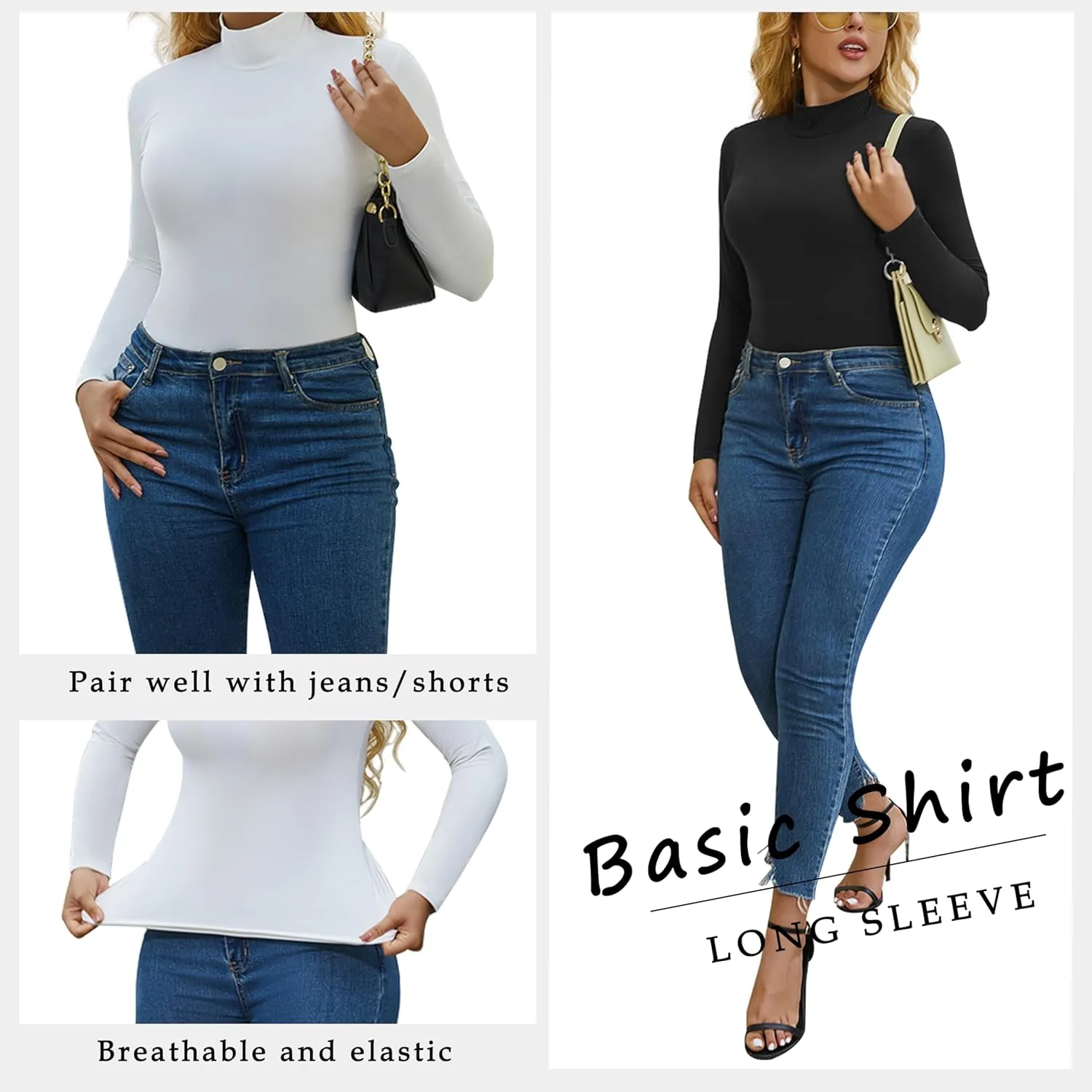 5 Piece Women's T-Shirts Turtleneck Long Sleeve Tops High Neck Fitted Layering Warm Base Fall Winter Basic Tees