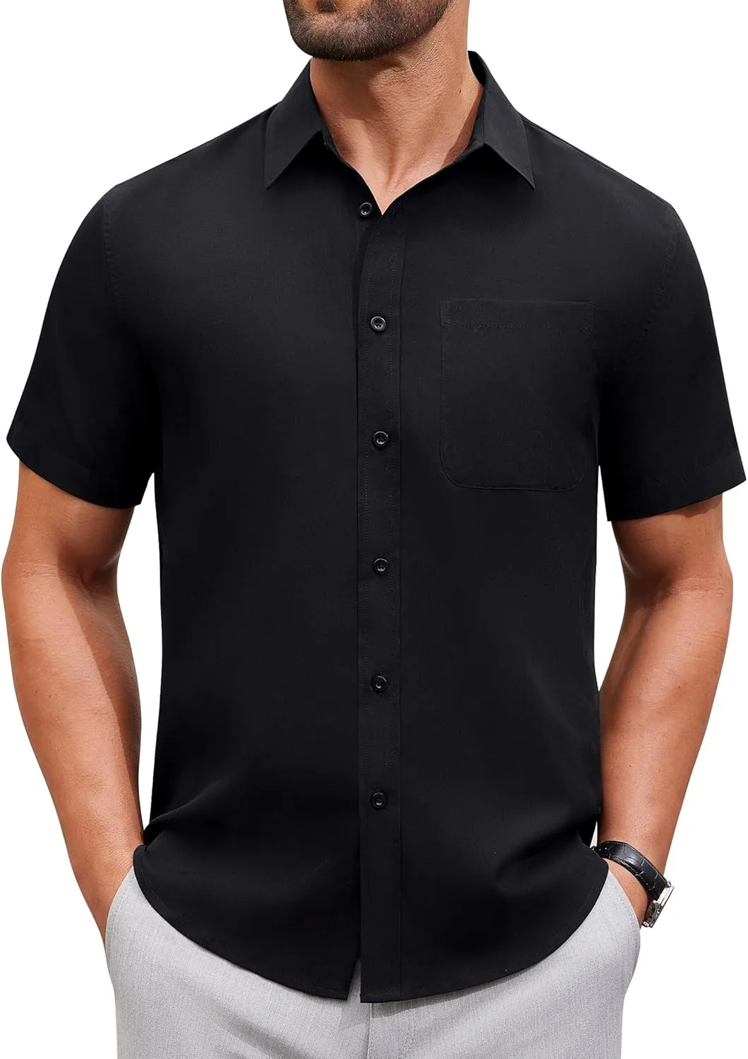 Alimens & Gentle Mens Short Sleeve Dress Shirt Wrinkle Free Solid Casual Button Down Shirts for Summer Business Wedding