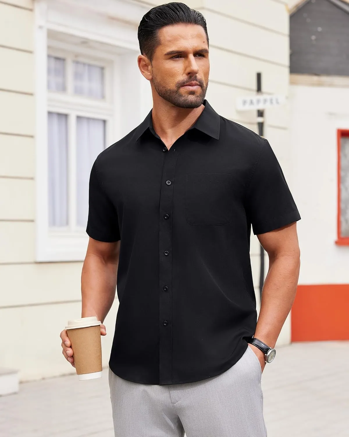 Alimens & Gentle Mens Short Sleeve Dress Shirt Wrinkle Free Solid Casual Button Down Shirts for Summer Business Wedding