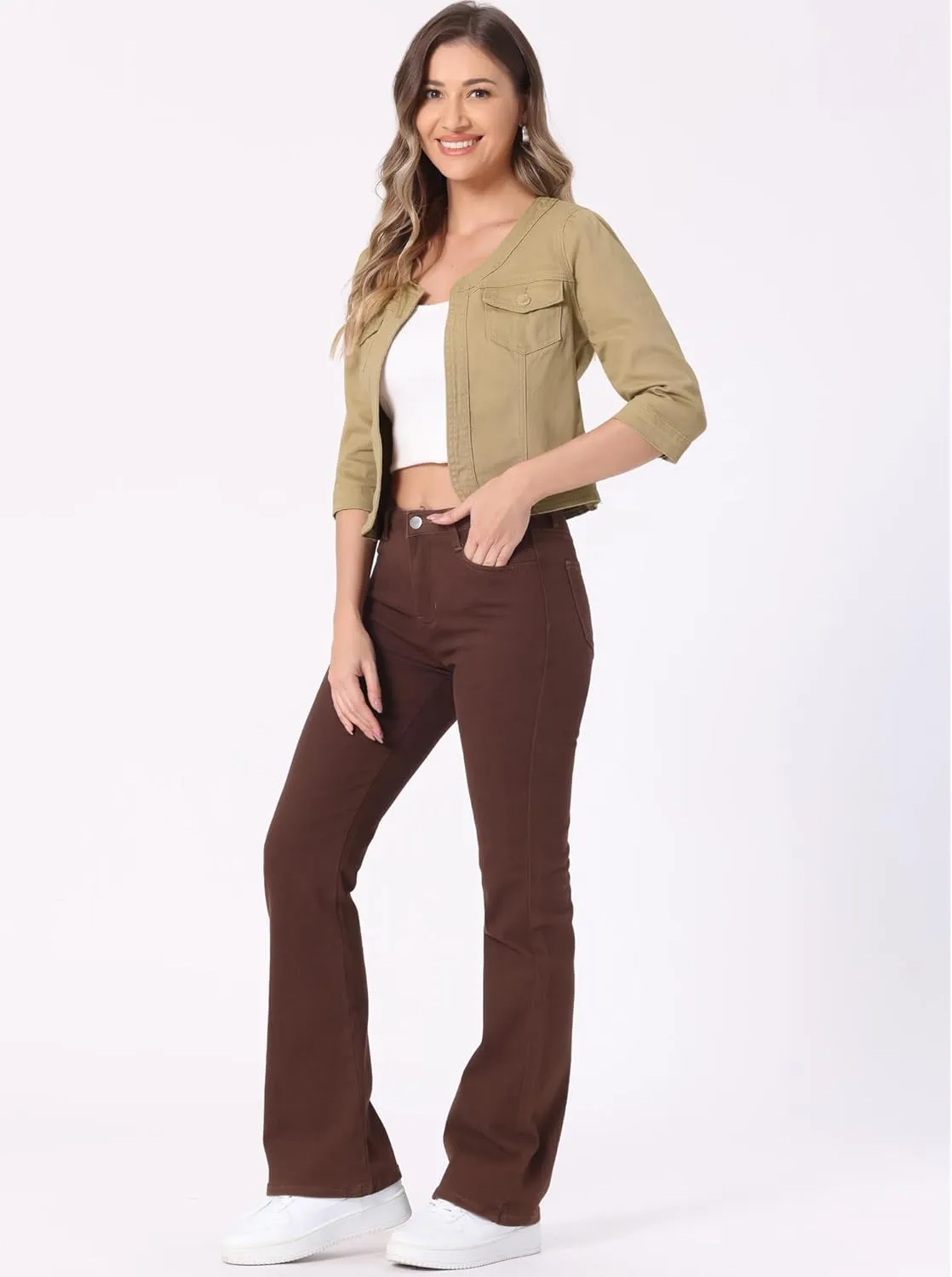 Allegra K Denim Jacket for Women's Collarless 2025 Cardigan 3/4 Sleeve Crop Jean Jackets