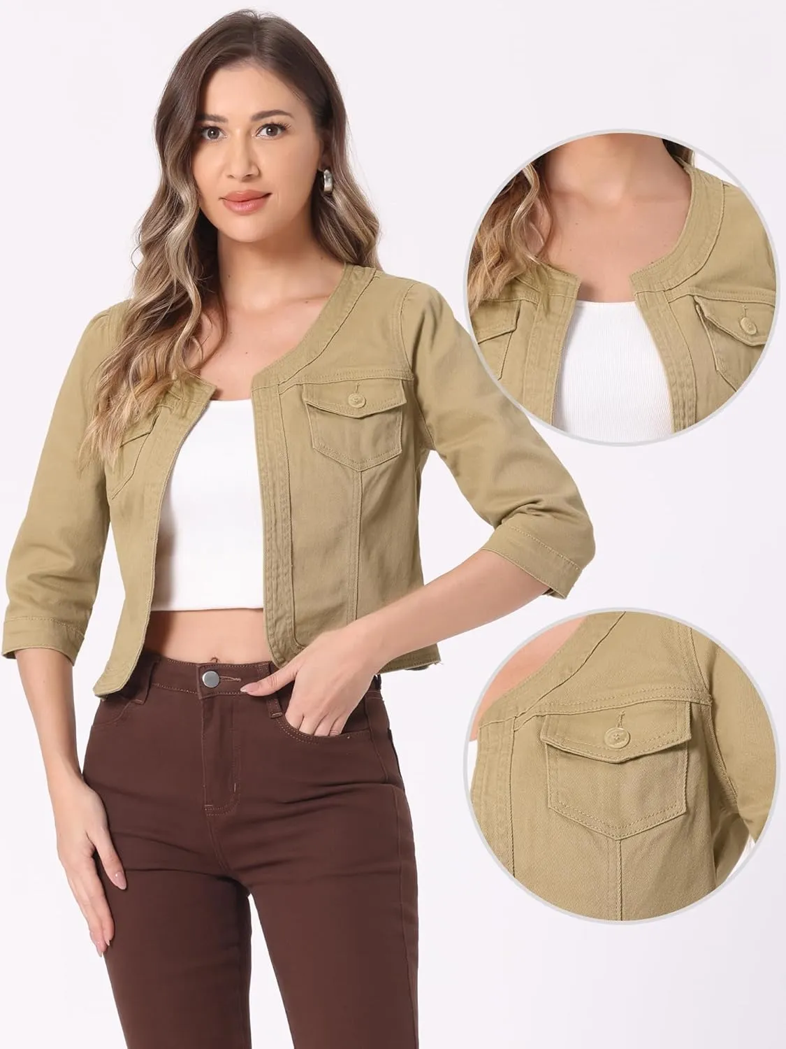Allegra K Denim Jacket for Women's Collarless 2025 Cardigan 3/4 Sleeve Crop Jean Jackets