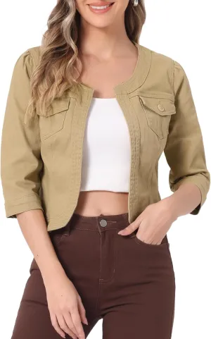 Allegra K Denim Jacket for Women's Collarless 2025 Cardigan 3/4 Sleeve Crop Jean Jackets