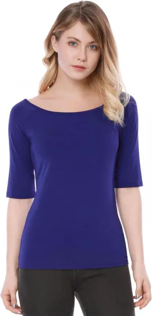 Allegra K Women's Half Sleeves Scoop Neck Fitted Layering Top Soft T-Shirt