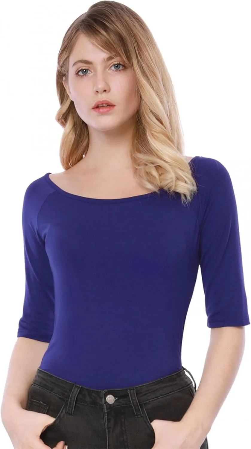 Allegra K Women's Half Sleeves Scoop Neck Fitted Layering Top Soft T-Shirt