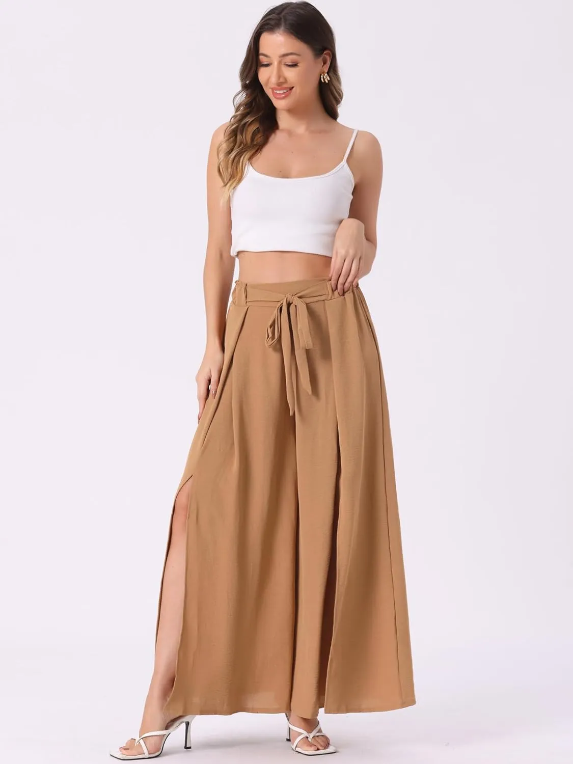 Allegra K Women's High Slit Hem High Waist Casual Wide Leg Long Palazzo Pants