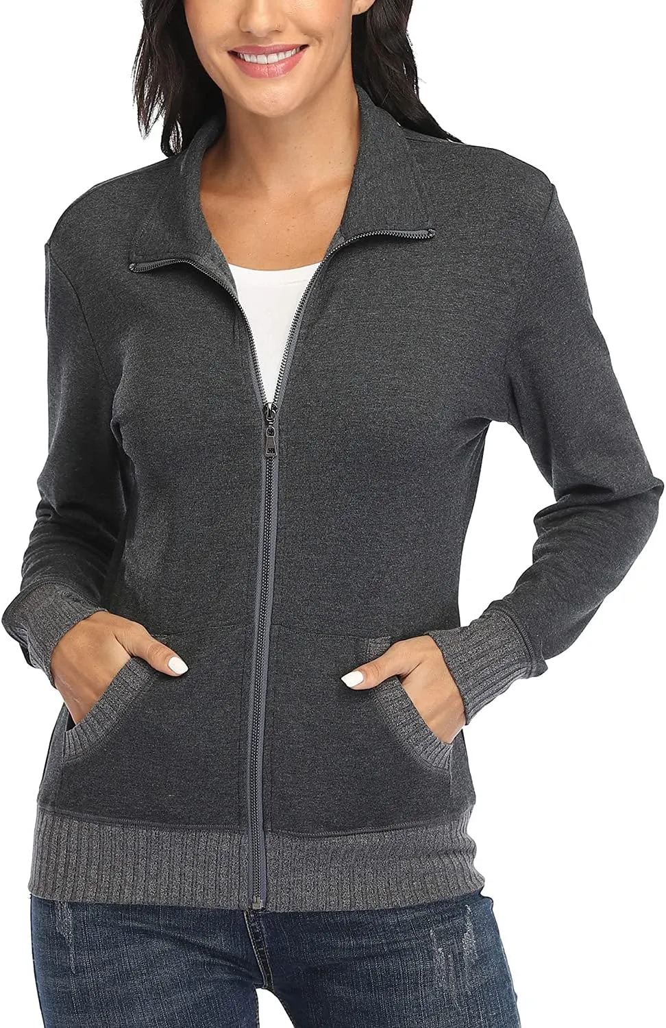 andy & natalie Women's Stand Collar Zip up Long Sleeve Jacket with Pockets Running Sweatshirts Jackets