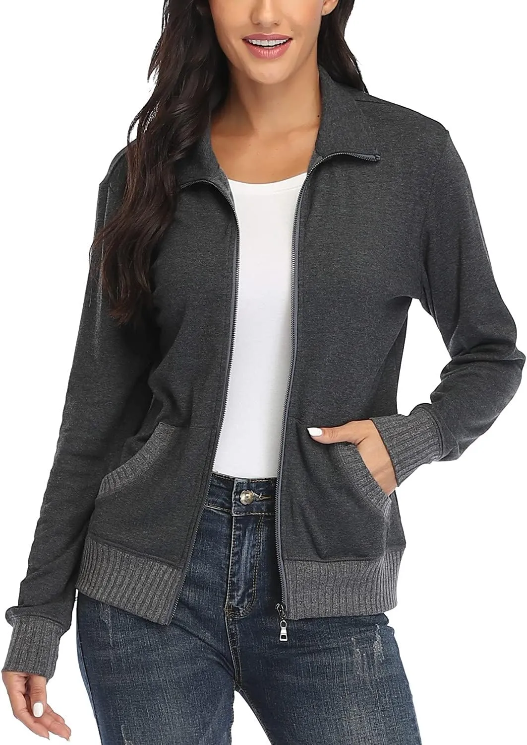 andy & natalie Women's Stand Collar Zip up Long Sleeve Jacket with Pockets Running Sweatshirts Jackets