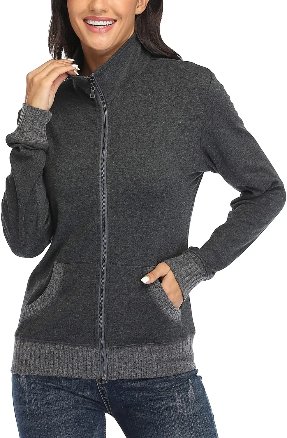 andy & natalie Women's Stand Collar Zip up Long Sleeve Jacket with Pockets Running Sweatshirts Jackets