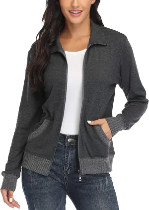 andy & natalie Women's Stand Collar Zip up Long Sleeve Jacket with Pockets Running Sweatshirts Jackets