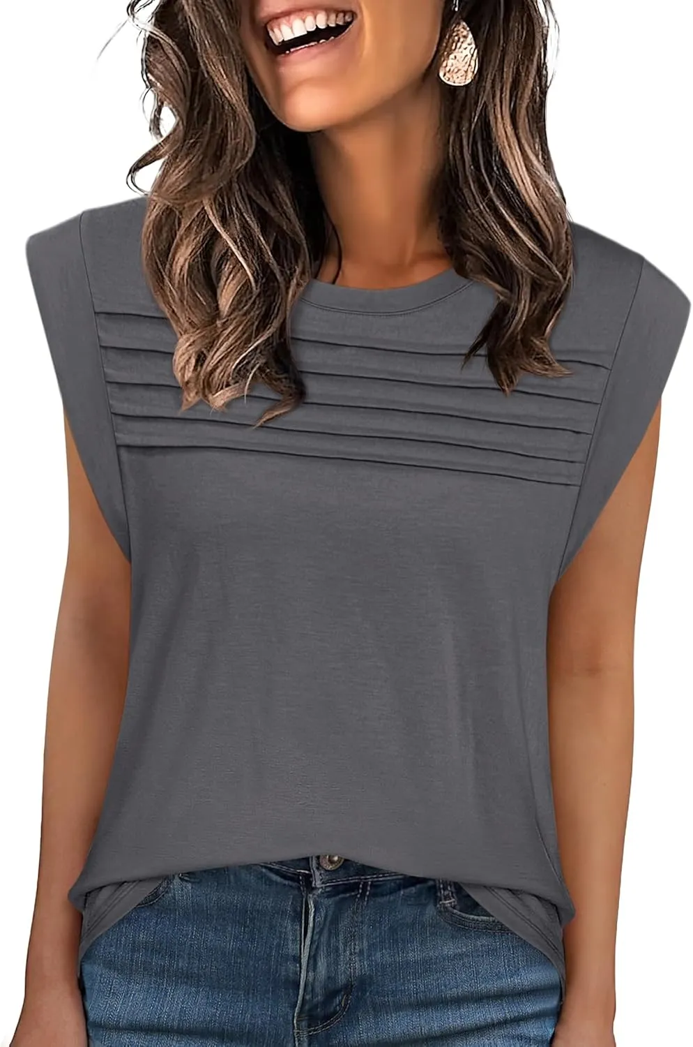 ANRABESS Tank Top for Women Summer Dressy Casual Loose Fit Pleated Shirts Cap Sleeve Tshirts 2025 Trendy Outfits Clothes