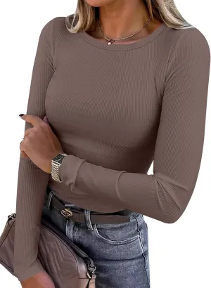 ANRABESS Women Long Sleeve Crewneck Rib Knit Slim Fit Shirts Basic Tee Tops 2025 Casual T-Shirt Going Out Workout Outfits