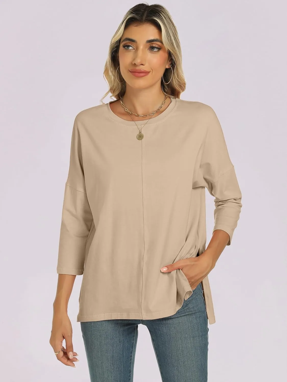 ANRABESS Womens 3/4 Length Sleeve Tops Loose Fit Tunic Shirts Oversized Spring Summer Casual Crew Neck Basic Boxy Tee