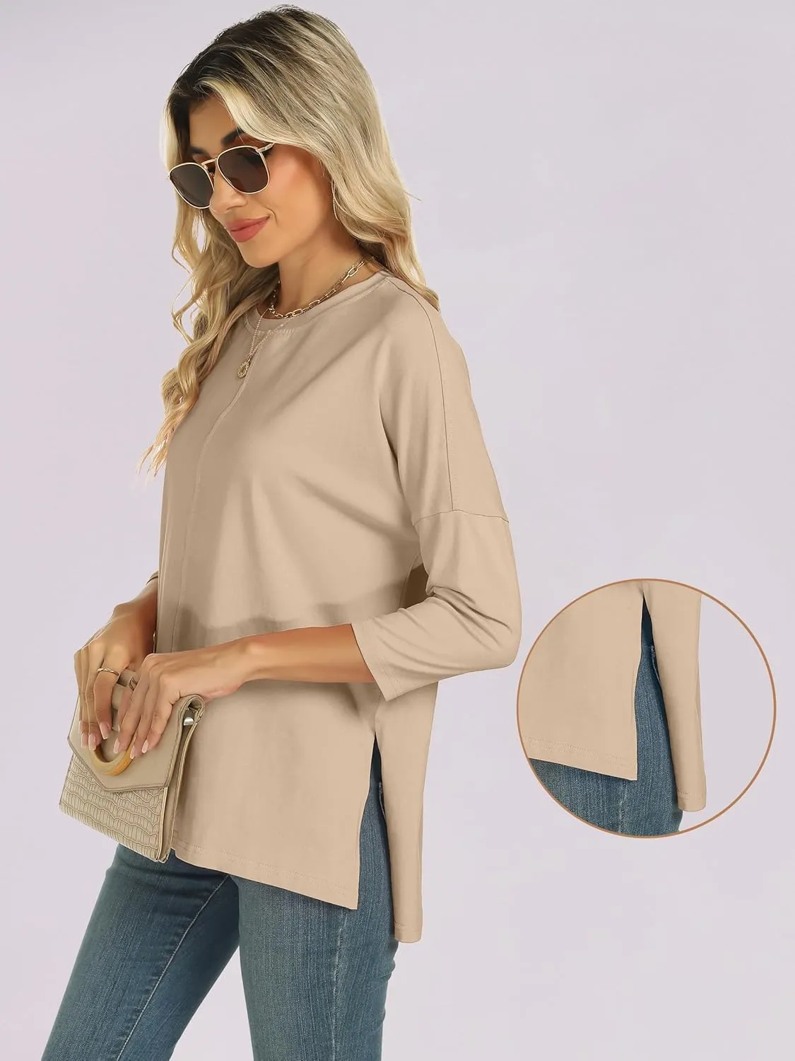 ANRABESS Womens 3/4 Length Sleeve Tops Loose Fit Tunic Shirts Oversized Spring Summer Casual Crew Neck Basic Boxy Tee