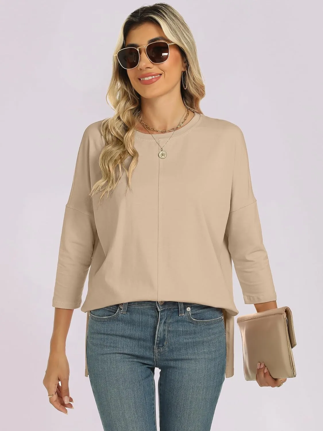 ANRABESS Womens 3/4 Length Sleeve Tops Loose Fit Tunic Shirts Oversized Spring Summer Casual Crew Neck Basic Boxy Tee