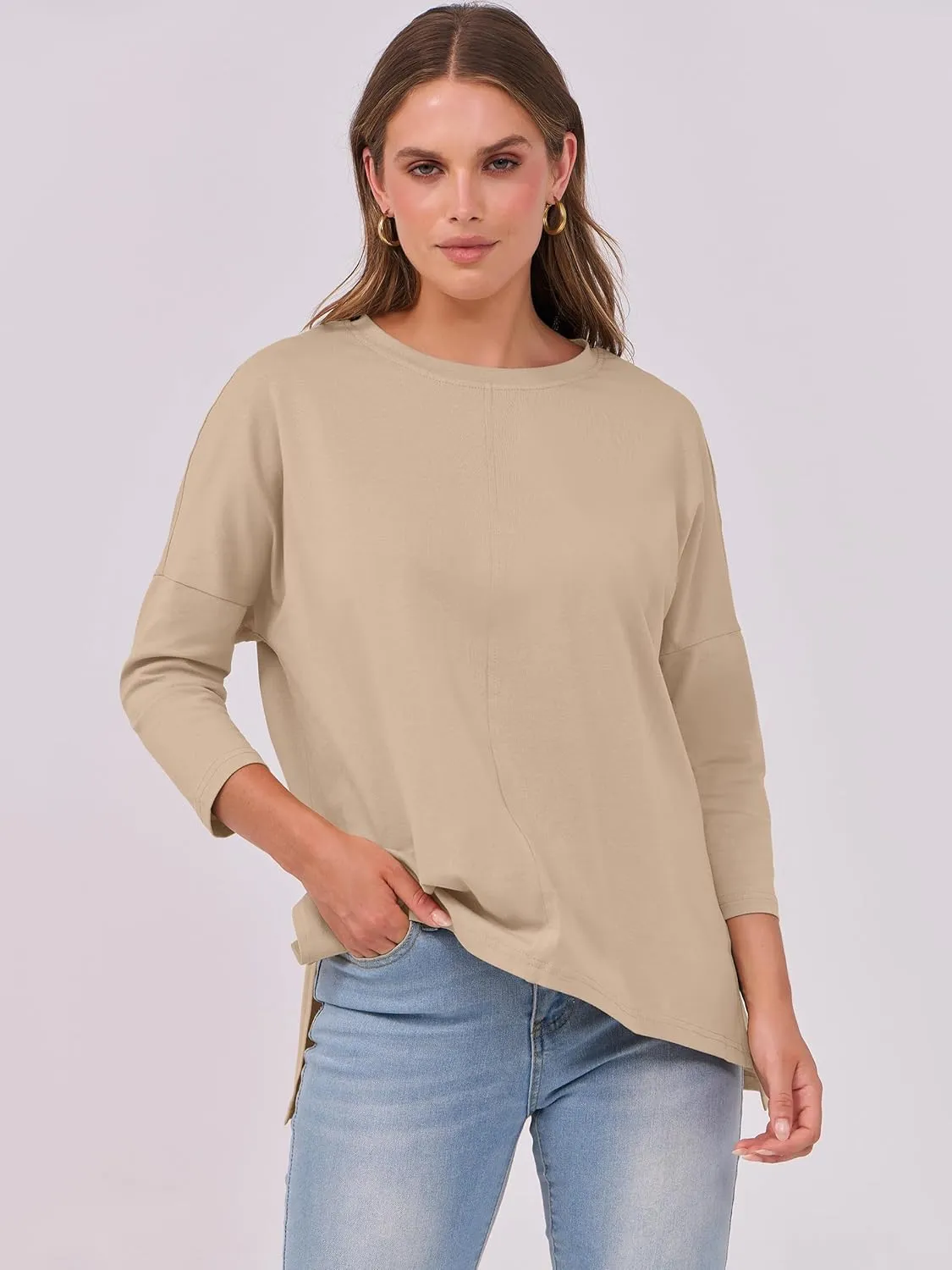 ANRABESS Womens 3/4 Length Sleeve Tops Loose Fit Tunic Shirts Oversized Spring Summer Casual Crew Neck Basic Boxy Tee