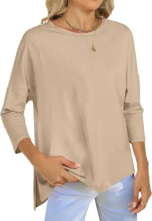 ANRABESS Womens 3/4 Length Sleeve Tops Loose Fit Tunic Shirts Oversized Spring Summer Casual Crew Neck Basic Boxy Tee